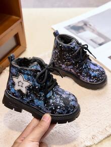 Sepatu Boot Anak Perempuan Motif Langit Berbintang dengan Lapisan Fleece Tebal, Ritsleting Samping, Sol Lembut Anti-Selip, Sepatu Boot Pergelangan Kaki Hangat untuk Bayi Musim Gugur/Dingin - Biru - View 1