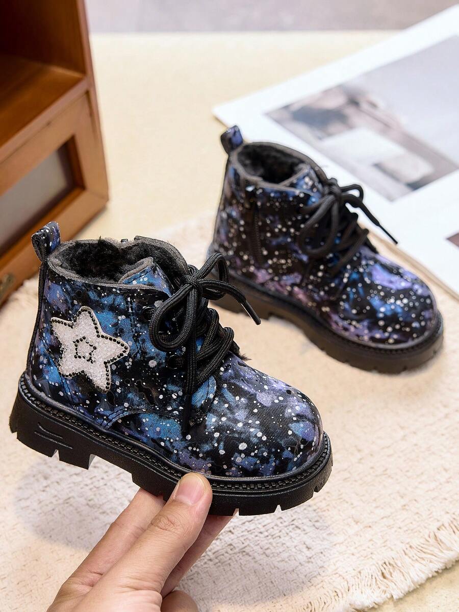 Sepatu Boot Anak Perempuan Motif Langit Berbintang dengan Lapisan Fleece Tebal, Ritsleting Samping, Sol Lembut Anti-Selip, Sepatu Boot Pergelangan Kaki Hangat untuk Bayi Musim Gugur/Dingin - Biru - View 1