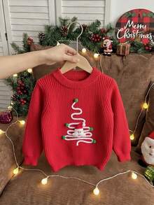 Girls' Cute Christmas Tree & Santa Claus Embroidered Pom Pom Sweater, Round Neck Knit Pullover, Suitable For Christmas, Daily Wear, Vacation, Spring, Autumn, Winter - Red - View 3