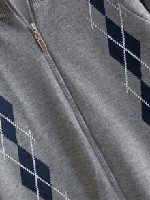 Boys' College Style Colorblock Plaid Cardigan Sweater, Suitable For School Daily Wear In Spring, Autumn And Winter - Grey - View 7