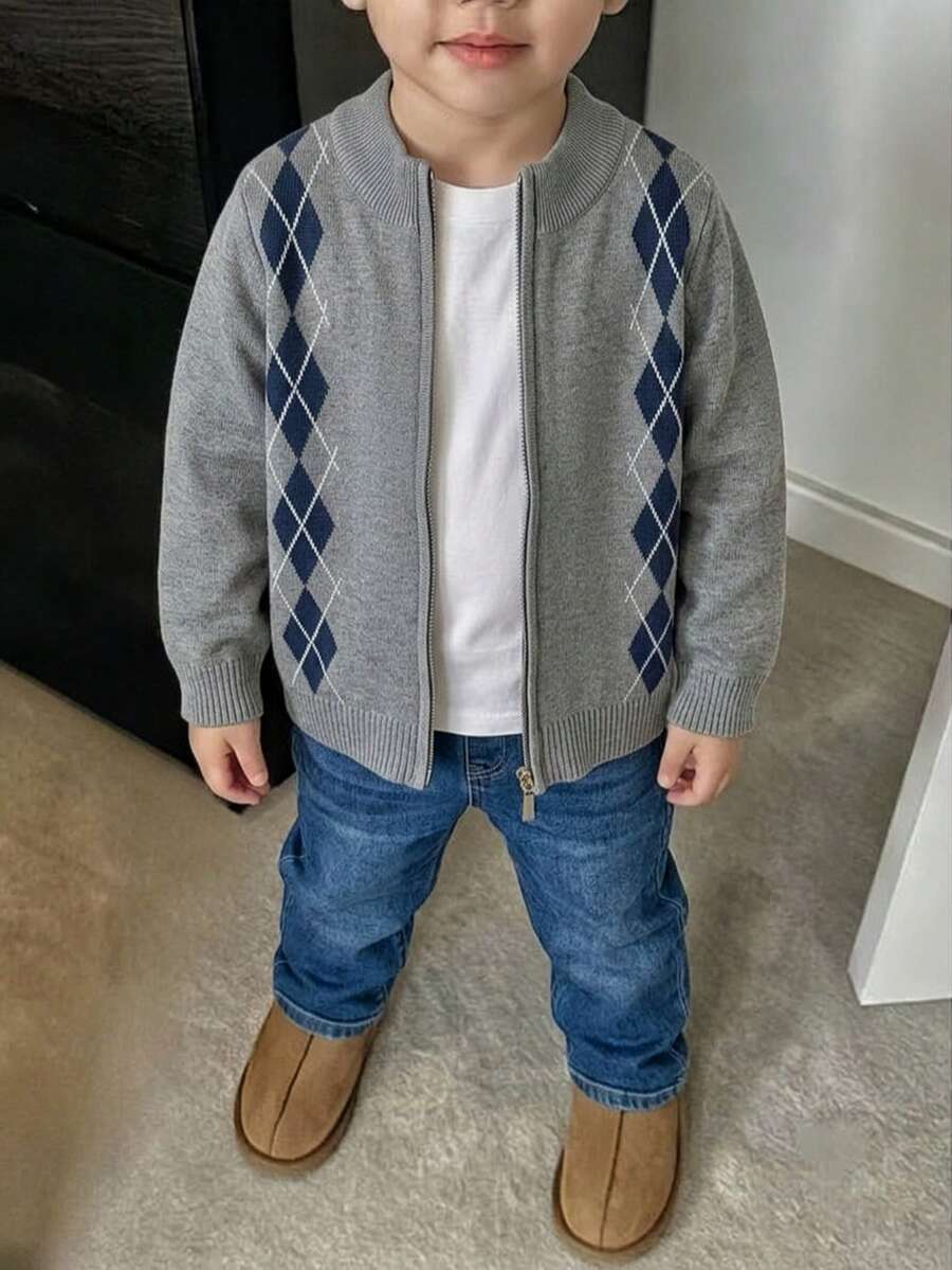 Boys' College Style Colorblock Plaid Cardigan Sweater, Suitable For School Daily Wear In Spring, Autumn And Winter - Grey - View 1