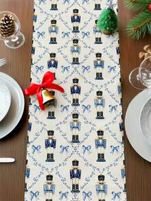 Christmas Table Runner Pillow Case Placemat Blue Nutcracker Soldier Bow Farmhouse American Country Style Christmas Decor Dining Table Arrangement Holiday Home Decoration Tablecloth - Multicolor - View 2