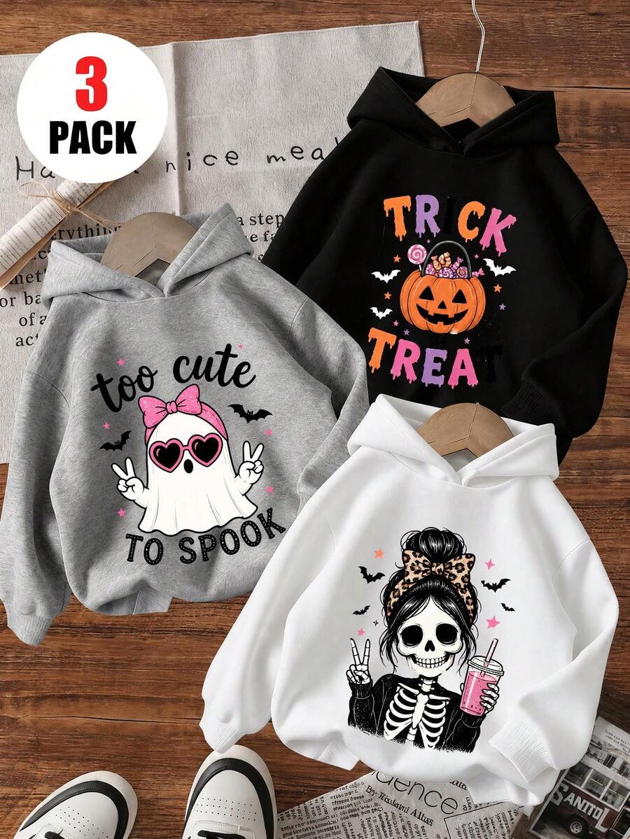 Tween Girls [Halloween]3 Pieces Set Halloween Hooded Sweatshirts, Pink Bow Heart Fashion Glasses Ghost, Candy Pumpkin Bucket, Leopard Print Bun Skull Girl Best Friends Matching Casual Sweatshirts - Grey - View 1