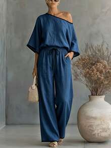 Elegant Commuter Colorblock Patchwork Design, Asymmetrical Shoulder Loose Top, Paired With Straight Leg Pants, Slanted Pockets, Woven Solid Color, Women's 2 Pieces Set - Navy Blue - View 5