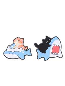 1pc/2pcs Fun Cat Riding Shark Enamel Brooch,Cute Marine Animal Lapel Pin,Creative Cartoon Style,Gift For Friends, Decoration For Backpack,Hat&Clothing - Multicolor - View 6