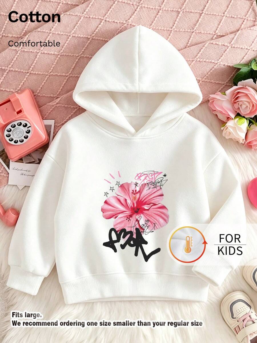 Kids Hooded Sweatshirt, Pink Hibiscus Flower Graffiti Star Graphic Print Thick Fleece Lined Pullover For Kids - White - View 1