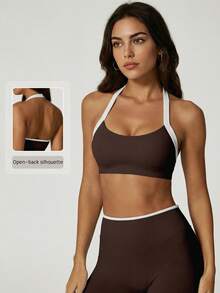 NcmRyu Women's One Set Colorblock Halter Backless Bra & High Waist Ribbed Waistband Shorts Sports Set - Brown - View 10