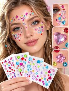 4Pcs Crystal Diamond Self-Adhesive Face Gems Stickers Rainbow Acrylic Rhinestone Face Jewels With Star, Heart & Flower Shape, Body DIY Decor Sparkly Face Stick On Gems For Rave Festival, Carnival, Party - Multicolor - View 2