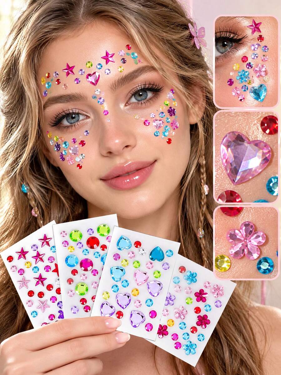 4Pcs Crystal Diamond Self-Adhesive Face Gems Stickers Rainbow Acrylic Rhinestone Face Jewels With Star, Heart & Flower Shape, Body DIY Decor Sparkly Face Stick On Gems For Rave Festival, Carnival, Party