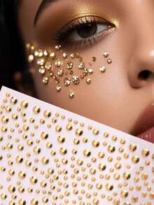 2pcs Gold Face Glitter Body Shiny 3D Rhinestone Stickers, Rave Party Makeup Accessories Rhinestone Stickers, Y2K Style Music Festival DIY Eye & Face Gems, Valentine's Day Gift - Multicolor - View 4