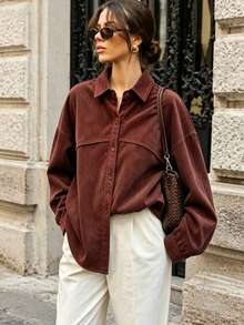 Women's Fashion Versatile Autumn/Winter Thick Corduroy Shirt - Burgundy - View 7