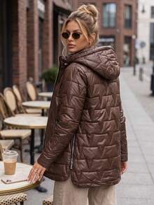 Women's Quilted Jacket Detachable Hood Zip Front Side Pockets Mid-Thigh Straight Fit - Brown - View 2