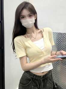 春夏季韓風掛脖式 2合1撞色短袖女款休閒T恤 - 杏色 - 查看 1