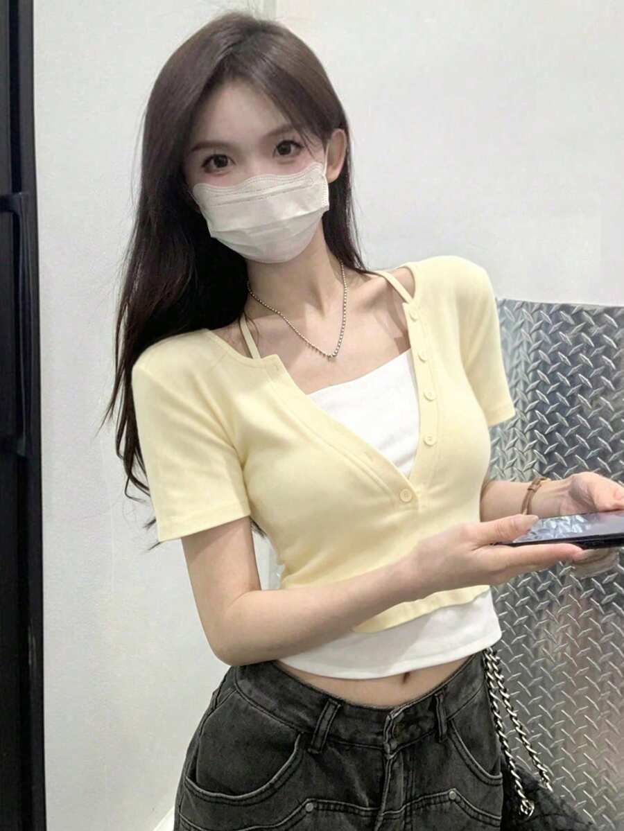 春夏季韓風掛脖式 2合1撞色短袖女款休閒T恤 - 杏色 - 查看 1