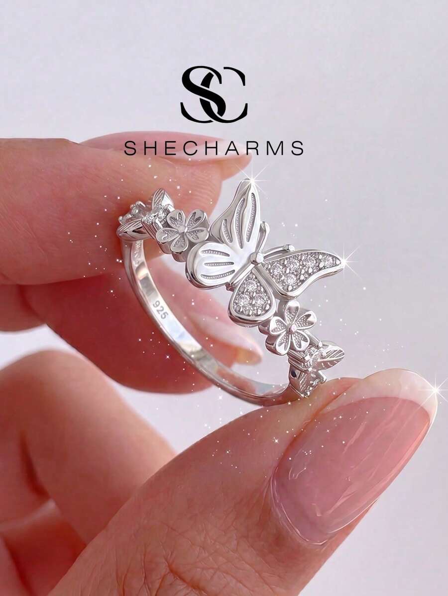 1pc Fashion Butterfly Ring, Rhinestone Inlaid, Women's Style, Suitable For Daily Wear And Parties, High-Quality Jewelry