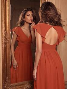 EVERPRETTY فستان وصيفة العروس من الشيفون، أكمام قصيرة، رقبة على شكل حرف V، تصميم مطوي ومنسدل مع ظهر مفتوح وحافة غير متماثلة، مناسب لحفلات الزفاف في فصل الخريف - البرتقالي مرهق - مشاهدة 3