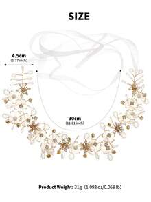 1pc Romantic Floral Crystal Headband, Bridal Wedding Hair Accessory, Golden Branch Rhinestone Hair Decor, Organza Ribbon,Summer,Beach - Gold - View 8