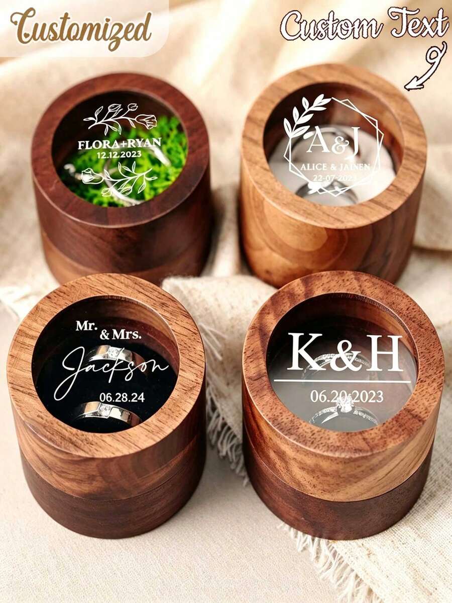 Kotak Cincin Kayu yang Dipersonalisasi, Kotak Penyimpanan Cincin Pertunangan dan Pernikahan yang Diukir, Kotak Hadiah Perhiasan Lamaran Berbentuk Hati, Cocok untuk Pasangan, Pengantin Wanita, dan Pengantin Pria - MultiWarna - View 1