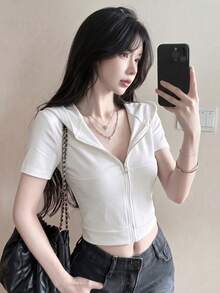 Korean Street Style Summer Zip-Up Fitted Camouflage Short Sleeve Hooded T-Shirt Cardigan Crop Top White - White - View 1