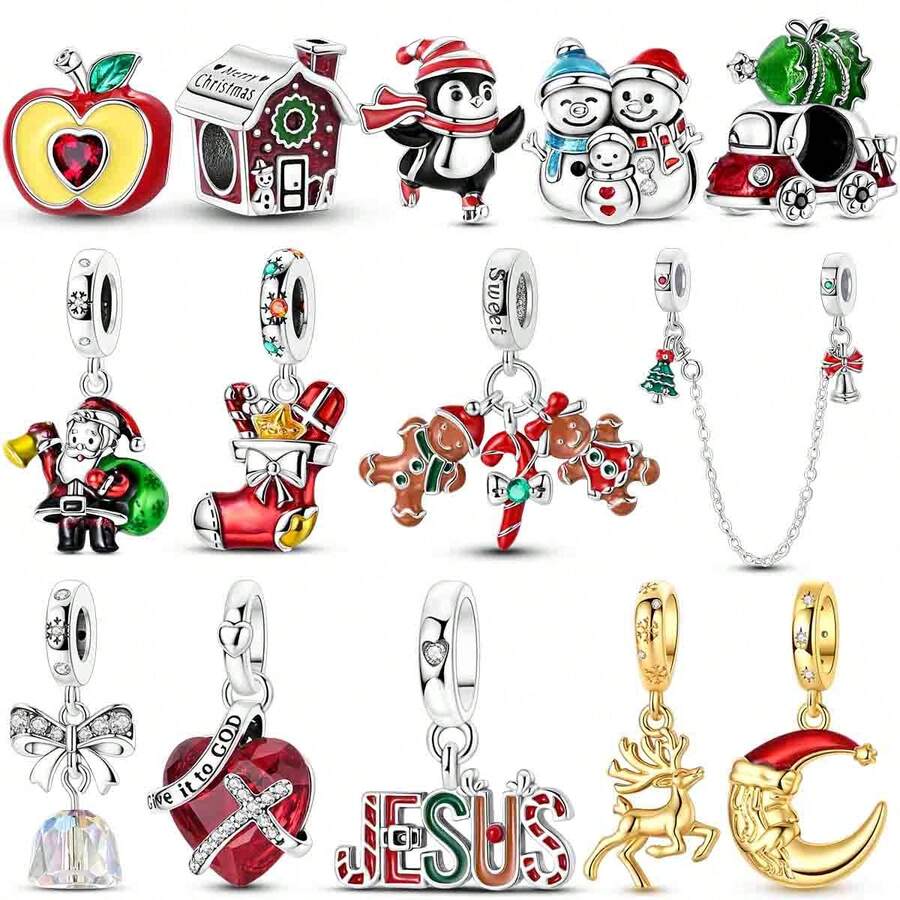 1pc Silver Plated Red & Green Christmas Atmosphere Christmas Tree Santa Claus Bell Gingerbread Man Christmas Hat Beaded Pendant Suitable For Bracelet Necklace DIY Jewelry Making Christmas Surprise Gift - Silver Or Gold - View 1