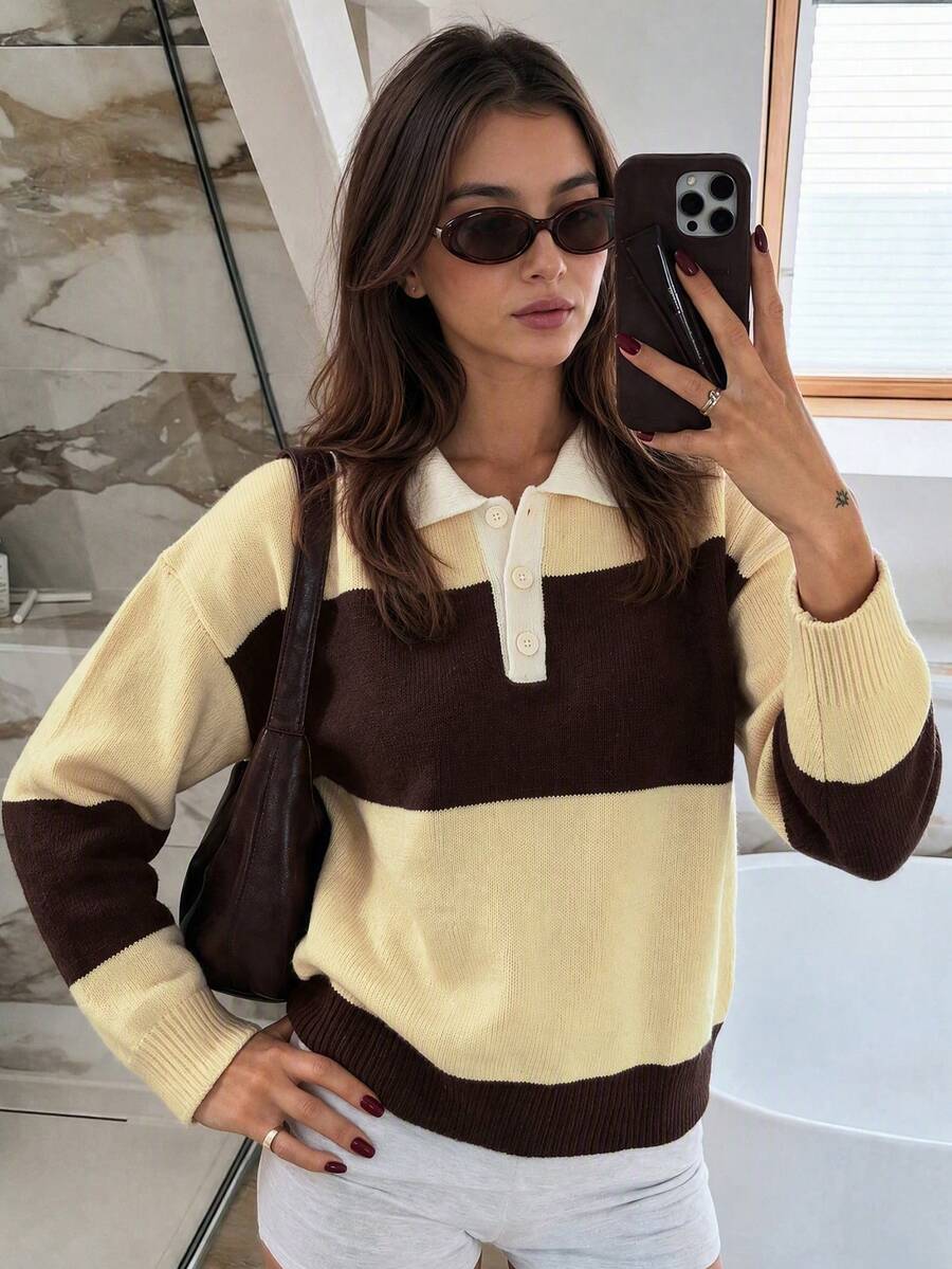 NOVELLE Women Loose Lagenlook Polo Neck Beige Brown Striped Fall Winter Knit Sweater For Date Party Daily Commute Outing Back To School - Multicolor - View 1