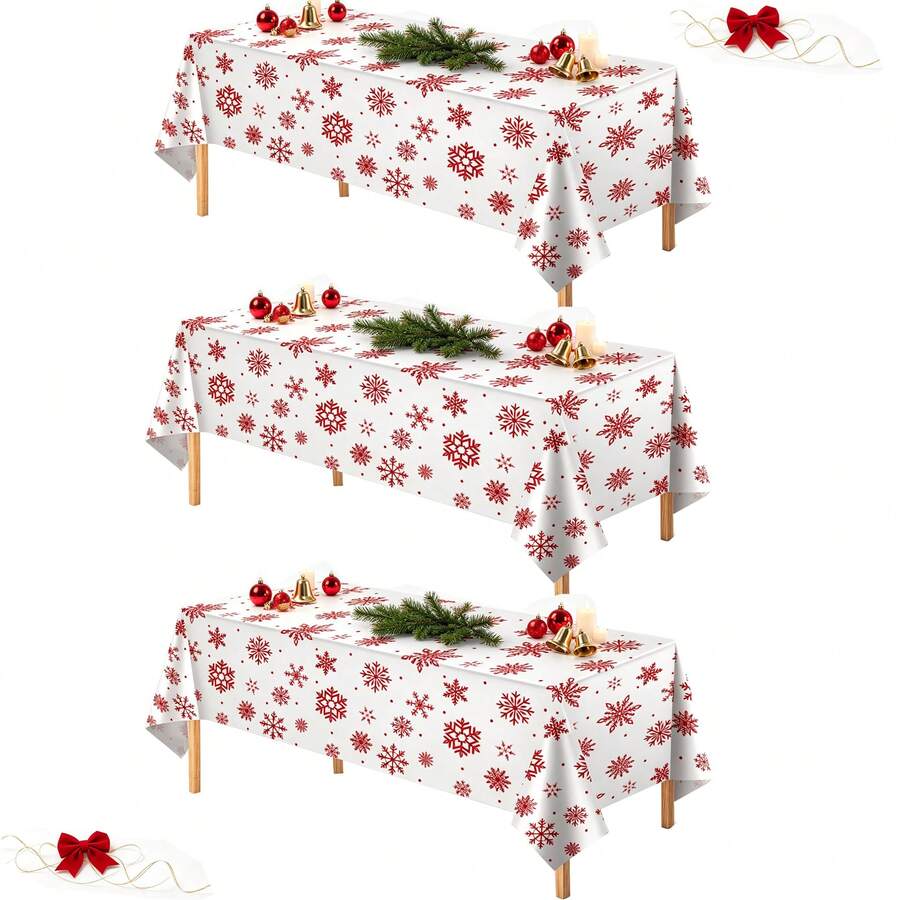 3pcs/1pc Christmas Snowflake Plastic Party Rectangular Tablecloth Decoration, 54*108 Inch Disposable Red And White Snowflake Christmas Tablecloth Backdrop For Winter Christmas Holiday New Year Party Supplies - Red and White - View 1