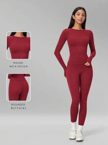 MFVIM Women's Autumn/Winter New Solid Color Long Sleeve + Long Pants 2 Pieces Yoga Sports Pilates Set - Cherry Red - View 3