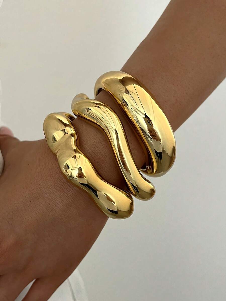 3pcs/Set Fashion Minimalist Elegant Exquisite Vintage Design Geometric Ribbon Wave Smooth Surface Minimalist Plain Band CCB Metal Style Exaggerated Wide Chunky Bangle Bracelet Set, Holiday Vacation Party Date Gift, Daily Commute Wear, Personalized - Yellow Gold - View 1
