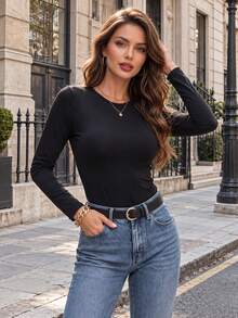 Women's Black Long Sleeve Crew Neck Knit Fabric Top, Suitable For Autumn Daily Wear, Medium Stretch Slim Fit - Black - View 2