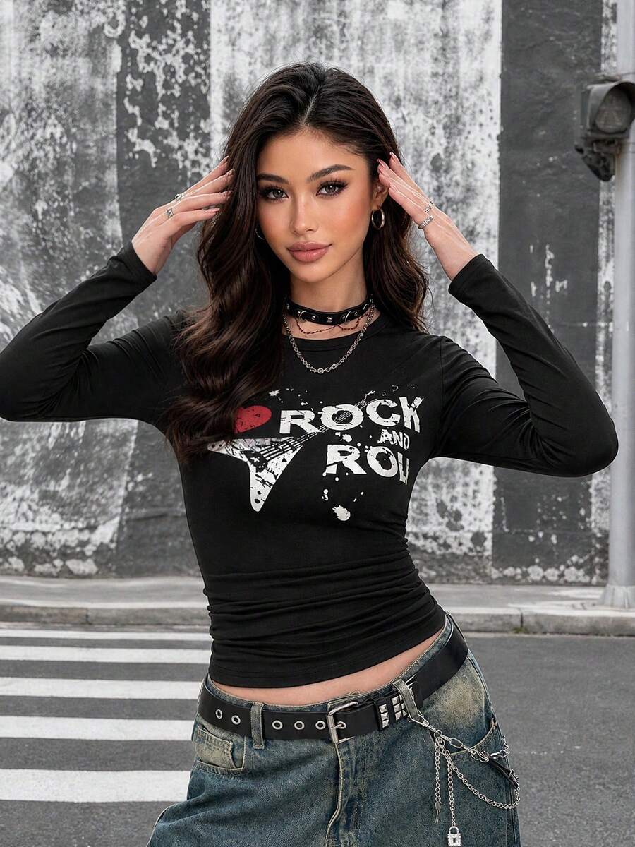 Women's Fashion Street Punk Y2K Style "Heart, Guitar" English Print Personalized Round Neck Long Sleeve T-Shirt Casual Black Spring - Black - View 1