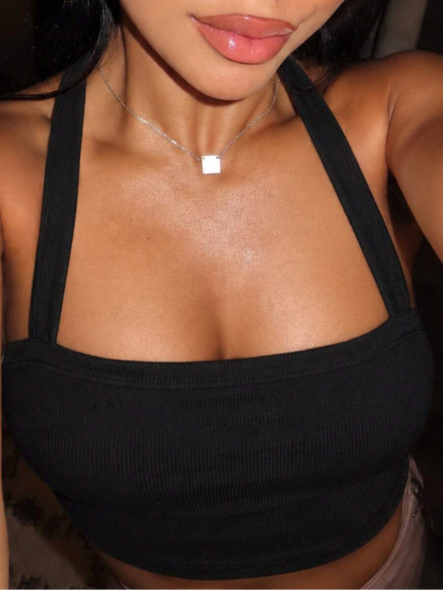 Summer Casual T-Shirt Solid Color Halter Sleeveless Tops Party Outfits Going Out Tops Women - Black - View 1