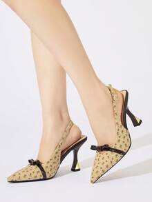 Women's Bow Decor Slingback Pointed Toe Trumpet High Heel Romantic Dark Brown Ditsy Floral Fabric Low Vamp Pumps Suitable For Wedding, Date, Daily Wear, Spring Summer Autumn Winter - Coffee Brown - View 2