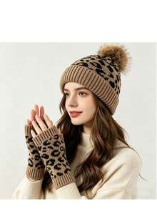 Autumn/Winter Women's Thick Warm Leopard Print Knitted Beanie Hat, Premium European & American Style - Multicolor - View 3