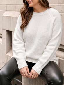 Women's Plus Size Cream Round Neck Ribbed Drop Shoulder Long Sleeve Knit Sweater, Comfortable Casual Y2K Fashion Style, Suitable For Halloween, Christmas, New Year, Autumn/Winter Season - White - View 3