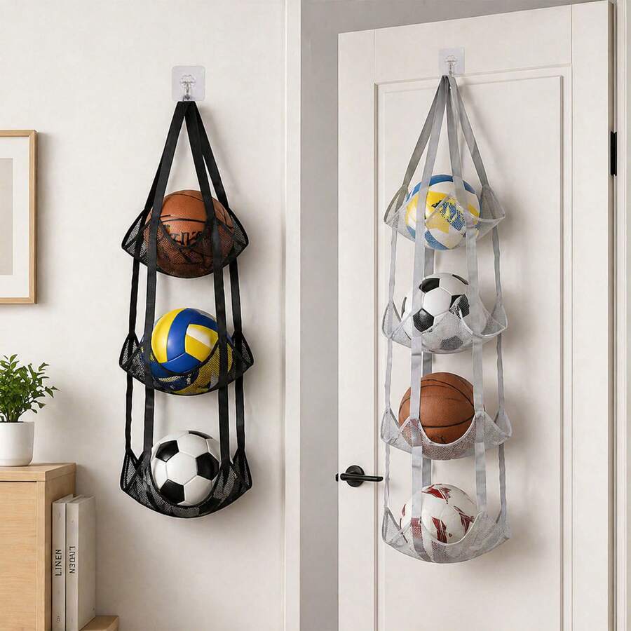 1/2pcs - [Multi-Layer Mesh] Basketball Football Storage Bag Wall Hanging Ball Rack Sports Equipment Organizer Space-Saving Breathable Moisture-Proof Anti-Stuffy Three-Layer/Four-Layer Optional Black/Grey, Clothing Cabinet Storage, Foldable Storage Bag. - Multicolor - View 1