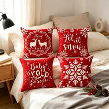 4PCS Christmas Decorative Pillow Cover, Red Snowflake And Christmas Tree Printed Cushion Cover, Farmhouse Style Suitable For Home Sofa And Living Room, Home Decor / Autumn Decoration / Room Decoration, Single-Sided Print, Pillow Insert Not Included - Red - View 4