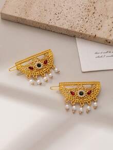 Herseygold 1 Pair Moon Tassel Hair Clips, Gold-Plated Hair Accessories, Middle Eastern Arabic Luxury Women's Headwear, Wedding And Festival Accessories - Gold - View 8