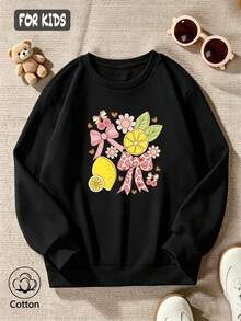 Sweet Floral Print With Bow, Lemon-Colored Girly Kids' Sweatshirt - Black - View 3