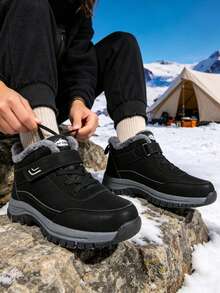 Women's Snow Boots, Thick Sole Hiking Boots, Fluffy Thermal Lining, Minimalist Solid Color, Unisex, Outdoor Cold-Resistant Warm Ankle Boots - Black - View 3