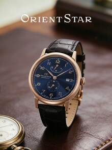 Orient Jam Tangan Mekanik Otomatis Pria Casing Warna Rose Gold Dial Biru Tua Sunburst Penanda Angka Arab Tali Kulit Emboss Motif Buaya Jam Bisnis Retro - Biru - View 4