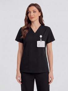 Solid Color V-Neck Short Sleeve Top And Elastic Waist Multi-Pocket Scrub Pants Scrub Uniform Set - Black - View 1