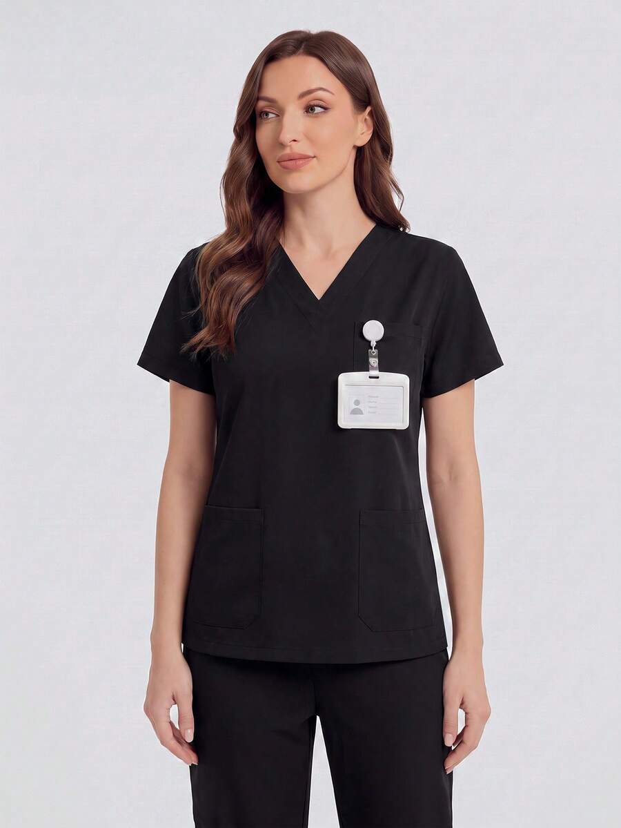Solid Color V-Neck Short Sleeve Top And Elastic Waist Multi-Pocket Scrub Pants Scrub Uniform Set - Black - View 1