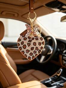 Creative Personalized Heart-Shaped Leopard Print Rhinestone Keychain Bag Charm Pink & Minimalist Daily Wear Gift Key Chain - Multicolor - View 4