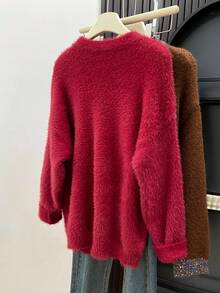 Women's Cute Plush Pattern Loose Pullover Sweater Top, Autumn/Winter Christmas Halloween Thanksgiving Weekend Outfit - Red - View 8