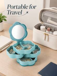 1pc Multi-Layer Rotating Flower Shaped Jewelry Box With Mirror, Multi-Color Plastic Jewelry Storage Box, Divided Storage Box, Suitable For Earring Storage Box, Necklace Bracelet Earring Set, Elegant Dust-Proof Box, Best Gift Choice For Couples, Sisters And Friends - Multicolor - View 10
