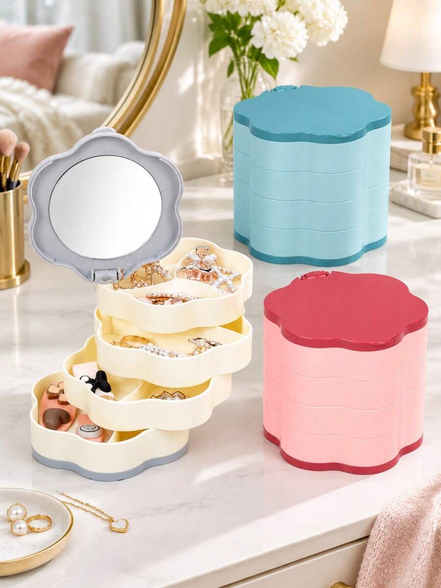 1pc Multi-Layer Rotating Flower Shaped Jewelry Box With Mirror, Multi-Color Plastic Jewelry Storage Box, Divided Storage Box, Suitable For Earring Storage Box, Necklace Bracelet Earring Set, Elegant Dust-Proof Box, Best Gift Choice For Couples, Sisters And Friends - Multicolor - View 1