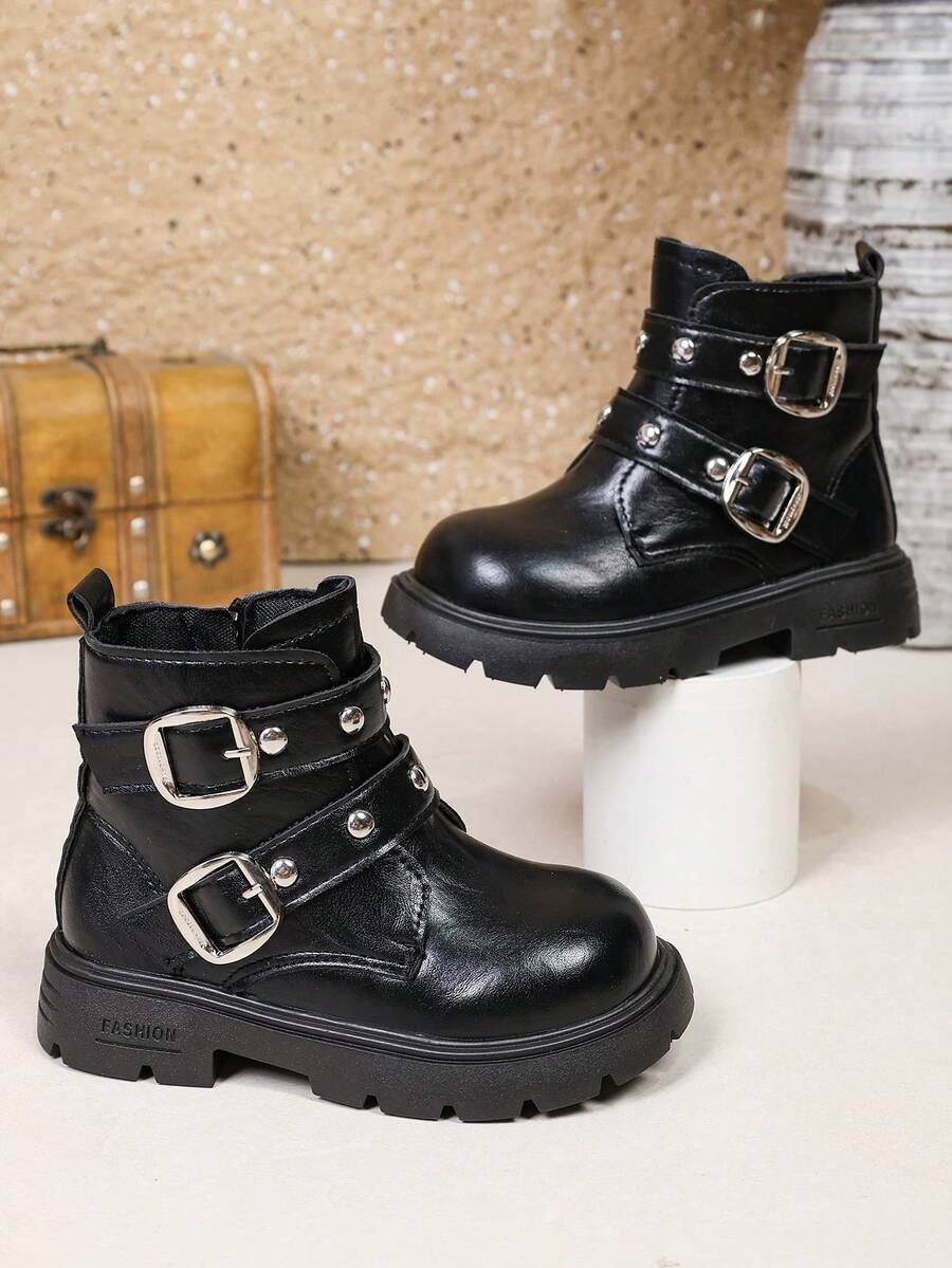 1 Pair Kids Leather Buckle Short Boots Soft PU Dual Hook & Loop + Inner Zipper Design Maillard Style Motorcycle Boots Suitable For Daily School Outdoor Autumn Winter New Arrival