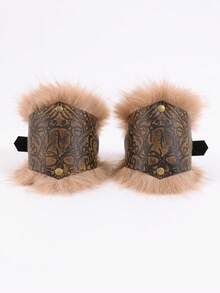 1 Pair Viking Vintage Embossed PU Leather Wrist Guards, Unisex Medieval Faux Fur Wrist Decor, Renaissance LARP Cosplay Halloween Costume Accessory - ZSJ - View 11
