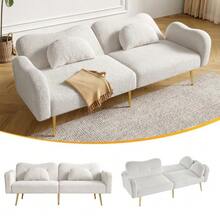 2-Seater Sofa Bed - Modern 2-Seater Sofa With Adjustable Backrest + Gold-Plated Metal Legs, Integrated Bed Function. Multifunctional 2-In-1 Furniture Piece. - White - View 3