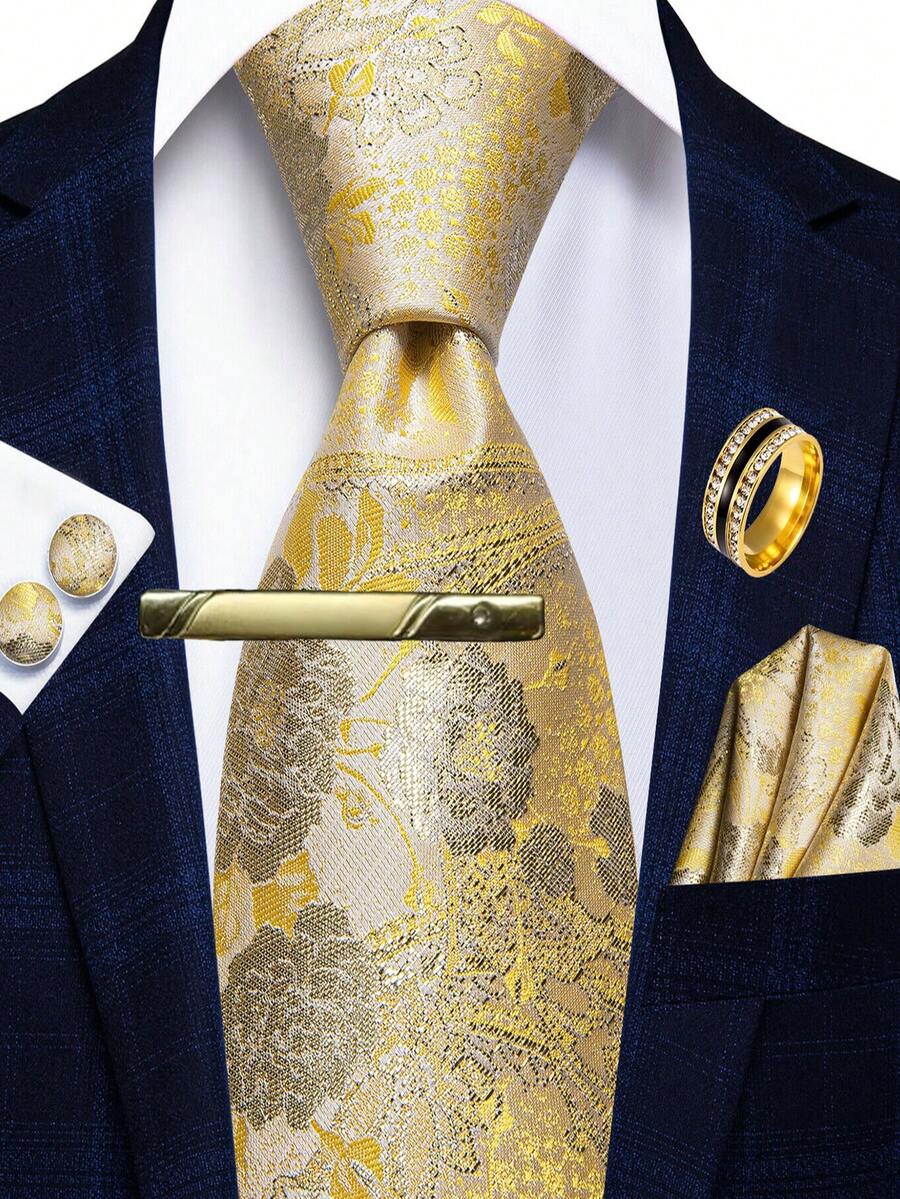 5Pcs Men Yellow Floral Jacquard Tie Pocket Square Cufflinks Tie Clip Ring Set, Cufflinks Pattern Random For Wedding - Yellow - View 1